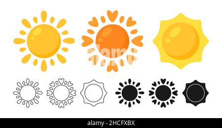 Sonne Symbol Wetter untergegangen. Linie, Silhouette Cartoon Sonnen, Symbol Wetter Element. Grafisches handgezeichnetes meteorologisches Infografikenzeichen. Lustige kindische sonnige Natur Wetter Sammlung Vektor Illustration Stock Vektor