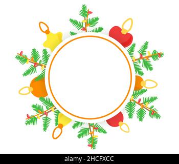 Runde flache Vorlage für eine Website, mit einem Weihnachtsthema, Neujahrsartikel, Designoobjekte. Baum, Kranz, Ast, Girlanden und verschiedene Spielzeuge. Hintergrund für Glückwünsche und Inschriften. Vektor Stock Vektor