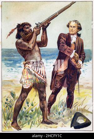 Romantierte Ansicht eines Maori-Kriegers, der während einer von Cooks Erkundungsexpeditionen Ende 1700s eine Muskete in Neuseeland ausprobiert, veröffentlicht um 1900 Stockfoto