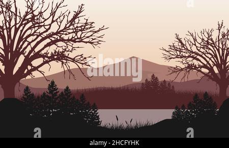 Wunderschöne Aussicht auf die Berge vom Flussufer in der Abenddämmerung mit fantastischen Silhouetten der umliegenden Bäume. Vektorgrafik Stock Vektor