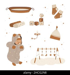 Boho Babypflegeobjekte. Niedliches schlafend Neugeborenes. Vintage Holzspielzeug für Kinder. Handgezeichnete Elemente für die Einrichtung im Kinderzimmer. Vektorgrafik in flacher Form Stock Vektor