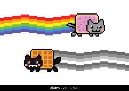 Böse und gute Katze 8 Bit Vektor Meme. Bunte Pixel Kunst. Flache digitale Vektor-Illustration Stock Vektor