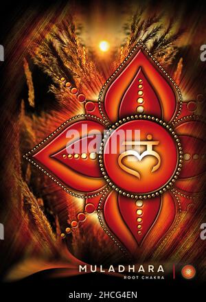 Poster, Tapete mit Wurzel-Chakra-Symbol (Muladhara). Kunstwerke mit mystischen Naturelementen und Landschaften. Stockfoto