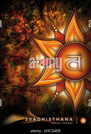 Plakat, Tapete mit Sakralchakra-Symbol (Svadhisthana). Kunstwerke mit mystischen Naturelementen und Landschaften. Stockfoto