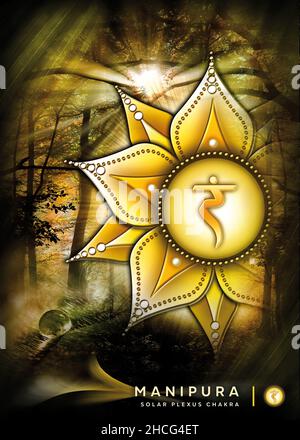 Poster, Tapete mit Solar-Plexus-Chakra-Symbol (Manipura). Kunstwerke mit mystischen Naturelementen und Landschaften. Stockfoto