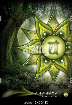 Poster, Tapete mit Herz-Chakra-Symbol (Anahata). Kunstwerke mit mystischen Naturelementen und Landschaften. Stockfoto
