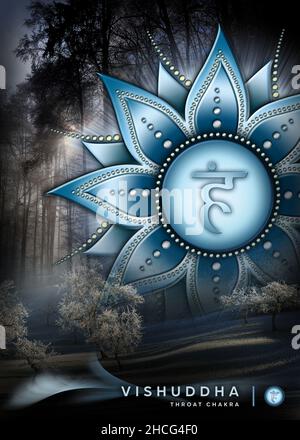 Poster, Tapete mit Kehlkopfchakra-Symbol (Vishuddha). Kunstwerke mit mystischen Naturelementen und Landschaften. Stockfoto