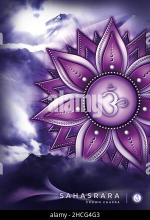 Poster, Tapete mit Krone-Chakra-Symbol (Sahasrara). Kunstwerke mit mystischen Naturelementen und Landschaften. Stockfoto