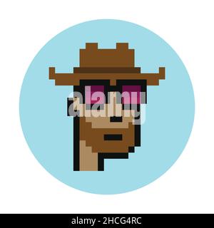 Cryptopunk Cowboy trägt Brille Pixel Art NFT. Nicht fungibler Token. Retro 8-Bit-Spielelemente. Flache Vektorgrafik isoliert auf weißem Hintergrund Stock Vektor