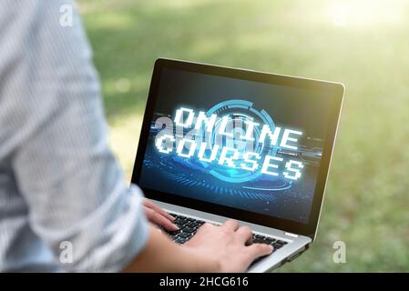Konzeptionelle Darstellung von Online-Kursen. Wort geschrieben über die Revolutionierung der formalen Bildung Lernen durch Internet Frau tippen auf Laptop im Park allein Stockfoto