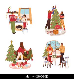 Set von Weihnachten zu Hause Illustration. Vater, Mutter, Kinder, Familie und Paar feiern gemeinsam Urlaub. Weihnachtsdekoration, Baum, Socken, ein Stock Vektor