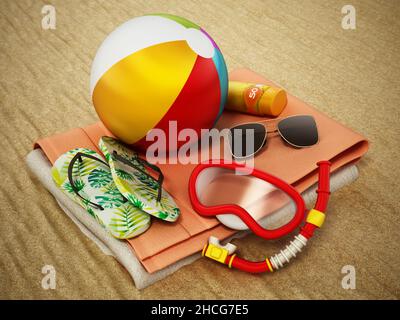 Persönliche Accessoires stehen auf dem Strandsand. Reise- und Urlaubskonzept. 3D Abbildung. Stockfoto