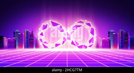 Metaverse Technologie Hintergrund futuristisches Konzept mit Infinity-Symbol und leuchtenden Gebäuden. Moderne Technologie im Hintergrund Stockfoto