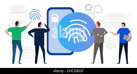 Fingerabdruck-sichere Zugangssperre Smartphone-Team arbeitet an der Überprüfung des Sicherheitscodes analysieren Stock Vektor