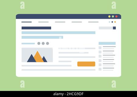 Webbrowser und Blog-Vorlage für das Nachrichtenportal. Flache Vektorgrafik isoliert auf grünem Hintergrund Stock Vektor