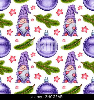 Aquarell Malmuster Gnom, Ball, Tannenzweige und Sterne. Nahtloser, wiederholter Druck im skandinavischen Feenstil für Weihnachten und Neujahr. Illustre Stockfoto