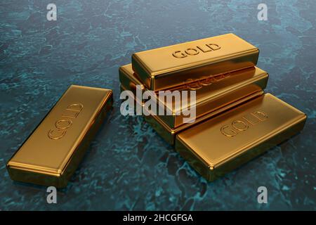 Goldbarren auf blaugrünem Hintergrund in der Abbildung 3D. Große Menge Gold in Reserve Stockfoto