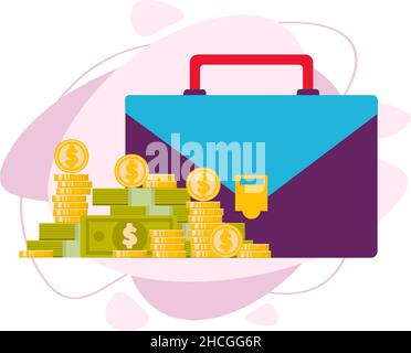 Geschäft, Portfolio und Geld. Aktentasche und Geld sind in der Nähe. Stock Vektor