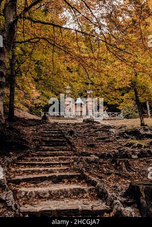 Vertikale Aufnahme der Treppe zur russischen Holzkapelle auf dem Vrsic-Pass in Slowenien Stockfoto