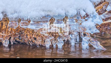 Baum Äste mit Eiszapfen über dem Wasser im Fluss. Natürliche Landschaft. Winter. Hintergrundbild. Stockfoto