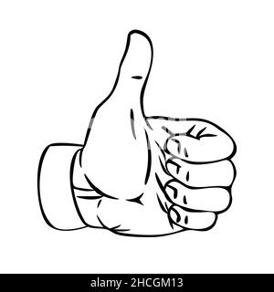 Männliche Hand macht OK Geste mit Daumen. Schwarze Kontur zeichnen. Vektor isolierte Illustration handgezeichnete Skizze Stock Vektor