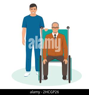 Krankenschwester mit behinderten alten Mann im Rollstuhl. Vektorgrafik Stock Vektor
