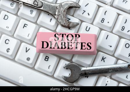 Textüberschrift mit der Darstellung „Diabetes stoppen“. Konzeptuelles Foto Blutzuckerspiegel ist höher als normal Insulin eingeben Kochlektionshandbuch Stockfoto