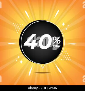 40 % Rabatt. Gelbes Banner mit vierzig Prozent Rabatt auf einen schwarzen Ballon für Mega-Umsatz. Stock Vektor