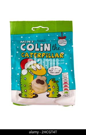 Mint Colin The Caterpillar Ice cooler Mini Colin Gesichter von M&S Limited Edition isoliert auf weißem Hintergrund - das ist der beste Teil des Kuchens Stockfoto