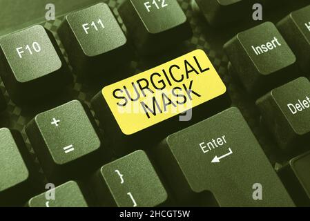 Textüberschrift mit chirurgischer Maske. Wort geschrieben auf getragen von Gesundheitsfachleuten während der Operation und während der Pflege Abstract Creating Online Stockfoto