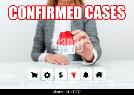 Schild mit bestätigten Fällen. Wort für eine Reihe von Umständen oder Bedingungen, die Maßnahmen Erfordern Eine junge Dame Orbusinessfrau, die Orpresenting Home hält Stockfoto