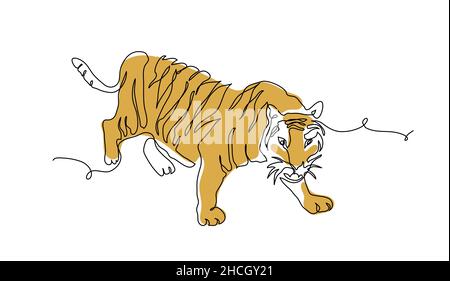 Tiger One kontinuierliche Linie Kunst Zeichnung in Farbe. Vektorgrafik. Chinesisches Neujahrszeichen 2022, Symbol. Tiger-Skizze, Doodle Stock Vektor