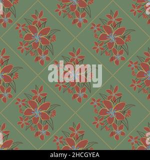 Jasmin Blumenstrauß nahtlose Vektor-Muster Hintergrund. Linienkunst handgezeichnete Blumengruppen, Blätter mit gepunkteten diamantförmigen Rahmen. Grün rot Stock Vektor