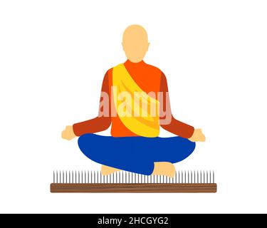 Der Yogi-Mann meditiert in Lotusposition auf dem Sadhu-Brett. Sitzen auf Nägeln Bett. Yoga-Übung und spiritueller Meditationspraktik. Alternative Medizin und Behandlung Vektor eps Illustration Stock Vektor