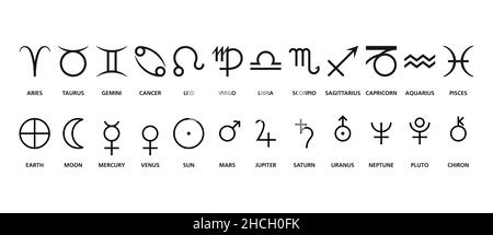 Symbole astrologischer Zeichen und Planeten. Häufig verwendete Symbole in der Astrologie, darunter Tierkreiszeichen, Erde, Sonne, Mond, die Planeten und Chiron. Stockfoto