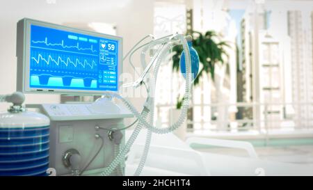 Lungenventilator in hellen sonnigen Klinikraum, digitale Industrie 3D Rendering Stockfoto