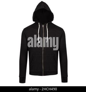 Leerer schwarzer Herren Hoodie für die Gestaltung von Print-Mock-Up, isoliert auf weißem Hintergrund. Stockfoto