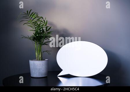 Leerer leerer Leuchtkasten mit Platz für Text, kleine Areca Palm Heimpflanze in einem Betontopf auf schwarzem Tisch mit dunkelgrauem Wandhintergrund. Modell. Modern Stockfoto