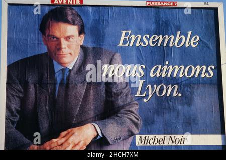 Archiv 80ies: Michel Noir, französischer Politiker setzt sich für die Bürgermeister von Lyon, Rhone, Rhone-Alpen-Region, Frankreich, 1989 ein Stockfoto