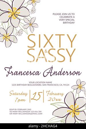 Sechzig und Sassy 60th Geburtstagsfeier Blumeneinladung. Vektor-Design-Vorlage mit Text. Feier Party laden zu einer sechzigsten Veranstaltung. Elegant Stock Vektor