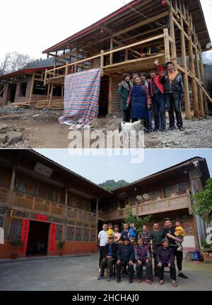 (211229) -- PEKING, 29. Dezember 2021 (Xinhua) -- Combo-Foto zeigt Dorfbewohner Lin Xingcong (2nd R), Li Yunxiang (3rd R) und ihre Familie, die für ein Gruppenfoto vor ihrem Haus posieren, das am 25. Januar 2009 rekonstruiert wurde (oben, Foto aufgenommen vom Xinhua-Journalisten Jiang Yi), Und Lin Xingcong (3rd R, hinten), Li Yunxiang (4th R, hinten) und ihre Familie posieren für ein Gruppenfoto vor ihrem Haus am 4. Mai 2021 (unten, Foto des Xinhua-Journalisten Jiang Hongjing) im Dorf Maoxiang der Gemeinde Gaochuan in der Stadt Mianyang, südwestlich der Provinz Sichuan in China. Xinhuas Top-10-Nachrichtenereignisse in China Stockfoto