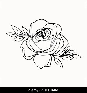 Linie Kunst der dekorativen handgezeichneten Rose mit Blättern Stock Vektor