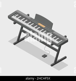 Vektor isometrisches Keyboard Musikinstrument: Digitales Klavier mit Ständer und Pedal Stock Vektor