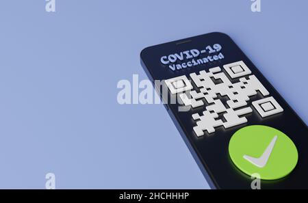 Nahaufnahme einer COVID-Impfung QR-Code auf einem Mobiltelefon. Platz zum Kopieren. Covid Passkonzept, Restaurants, Nachtclubs und Reisen. 3D Rendern Stockfoto