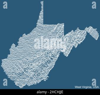 Topographische technische Zeichnung Reliefkarte des Bundesstaates West Virginia, USA mit weißen Konturlinien auf blauem Hintergrund Stock Vektor