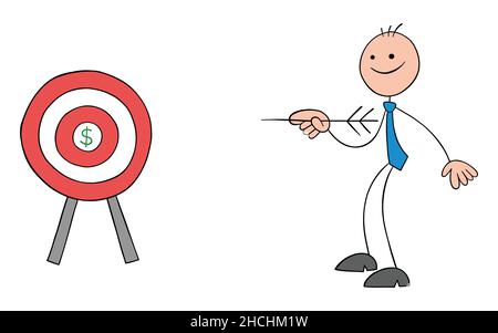 Stickman Geschäftsmann mit Bullenauge und Dollr-Symbol in der Mitte und mit einem Pfeil. Handgezeichnete Skizze Cartoon Vektor Illustration. Stock Vektor