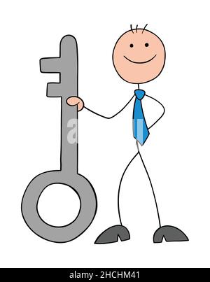 Stickman Geschäftsmann steht und hält großen Schlüssel. Handgezeichnete Skizze Cartoon Vektor Illustration. Stock Vektor