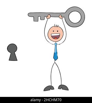 Stickman Geschäftsmann hält den Schlüssel und ist sehr glücklich, mit dem Schlüsselloch daneben. Handgezeichnete Skizze Cartoon Vektor Illustration. Stock Vektor