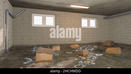 Wasserschaden im Keller nach einer Überschwemmung mit Sofa Stockfoto