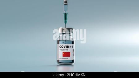 COVID-19 Coronavirus mRNA-Impfstoff und Spritze mit Flagge der USA Amerika auf dem Etikett. Konzeptbild für eine SARS COV 2-Infektionspandemie Stockfoto
